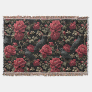 Gothisches Muster mit roten Rosen und Krähen Decke