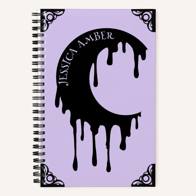 Gothname Lila Black Dripping Moon Silhouette Notizbuch (Vorderseite)