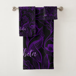 gotisch-violette Blumen auf schwarz Badhandtuch Set
