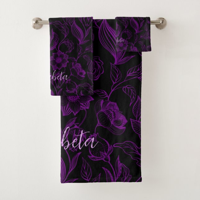 gotisch-violette Blumen auf schwarz Badhandtuch Set (Insitu)