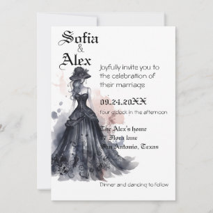 Gotische Aquarell-Blumen-Hochzeit in Schwarz  Einladung