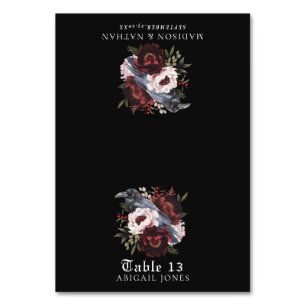 Gotische Aquarell-Raben-Blumen-Hochzeitsplatzkarte Tischnummer