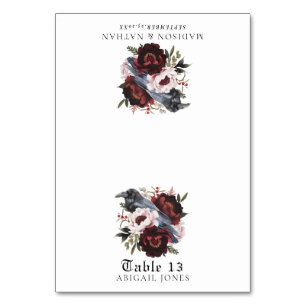 Gotische Aquarell-Raben-Blumen-Hochzeitsplatzkarte Tischnummer
