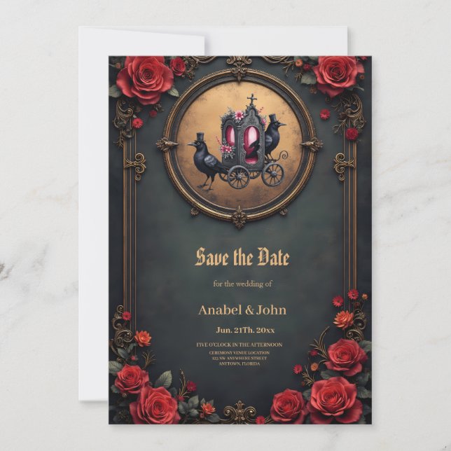 Gotische Beförderung mit Rädern und Rose. Save The Date (Vorderseite)