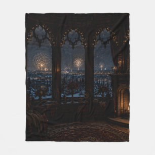 Gotische Bibliothekshalle Kamin Nacht Fleece-Decke Fleecedecke