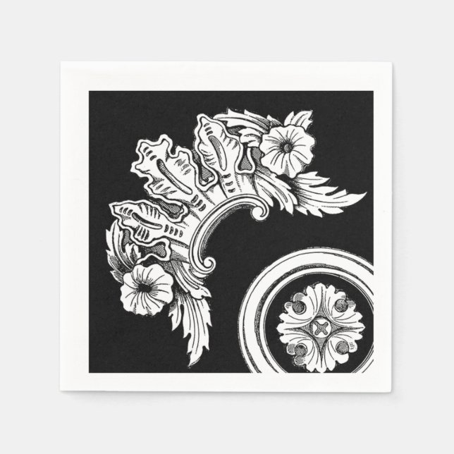 Gotische Blume Medallion antike Schwarz-weiß Serviette (Vorderseite)