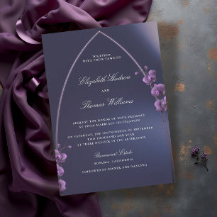 Gotische Bogen Hochzeit Blaue Lila Orchideen Einladung