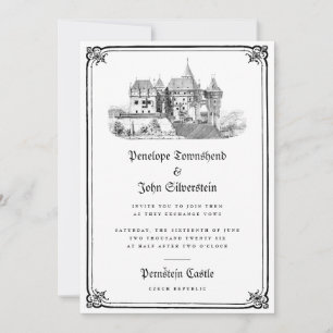 Gotische Burg Illustration Grenze Weißes Hochzeits Einladung