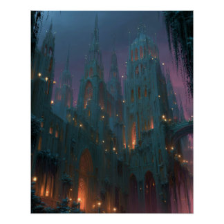Gotische Burg unter Aurora Fantasy-Nachtkunst Poster