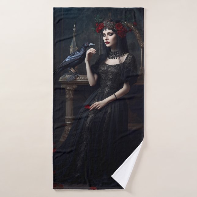 Gotische Dame mit Black Bird Badehandtuch (Badehandtuch)