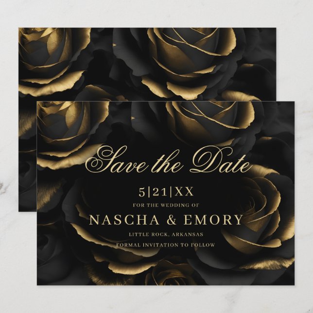 Gotische Elegante Black & Gold Rose Dunkle Hochzei Save The Date (Vorne/Hinten)
