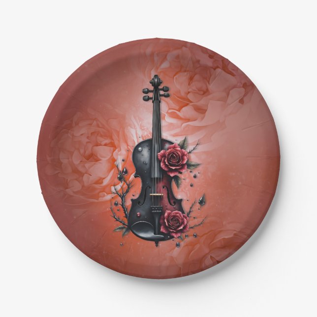 Gotische Geigenblüte mit rote Rosen Pappteller (Vorderseite)