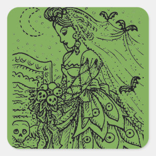 GOTISCHE HALLOWEEN-BRAUT, FLEDERMÄUSE, SCHLEIER, T QUADRATISCHER AUFKLEBER