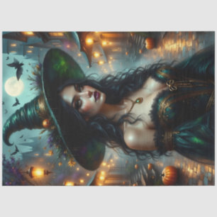 Gotische Halloween-Hexe mit Pumpkins und Moonlit Seidenpapier