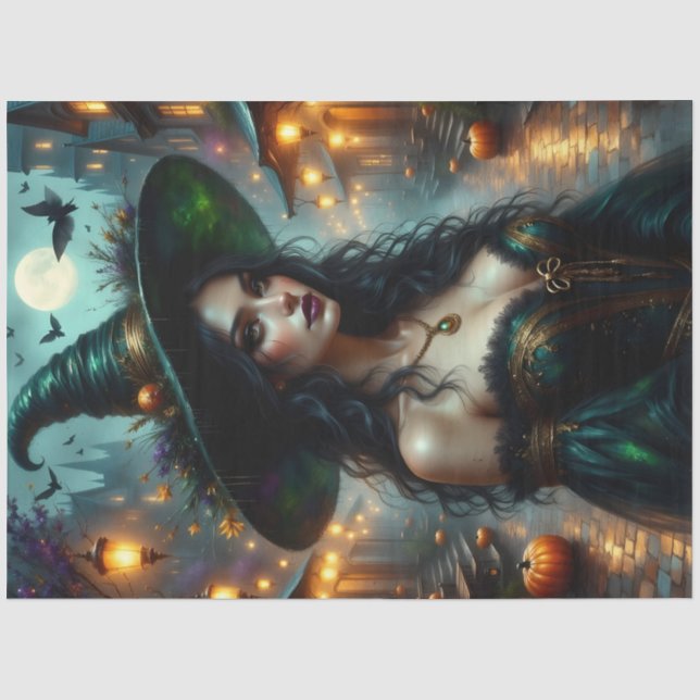 Gotische Halloween-Hexe mit Pumpkins und Moonlit Seidenpapier (Vorderseite)