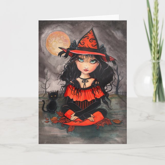 Gotische Halloween-Karten-Hexe-Katze Karte (Vorderseite)