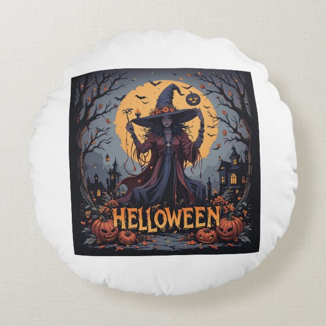 Gotische Hexe unter dem Vollmond - dunkles Hallowe Rundes Kissen (Vorderseite)