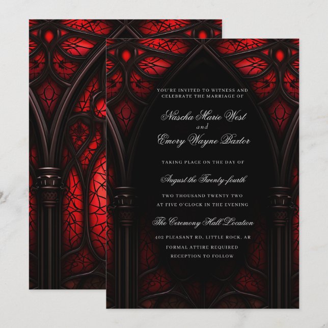 Gotische Hochzeit in Rot und Schwarz Einladung (Vorne/Hinten)