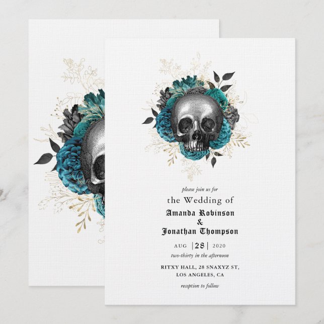 Gotische Hochzeit mit aquamarinem Blumenschädel Einladung (Vorne/Hinten)