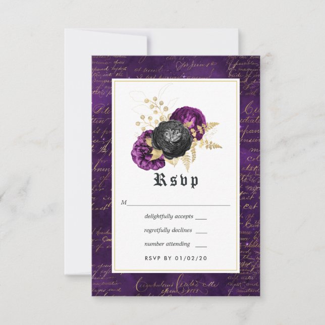 Gotische Hochzeit mit lila, schwarzer und goldblüt RSVP Karte (Vorderseite)