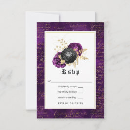 Gotische Hochzeit mit lila, schwarzer und goldblüt RSVP Karte