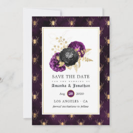 Gotische Hochzeit mit lila und goldenen Blumenspin Save The Date