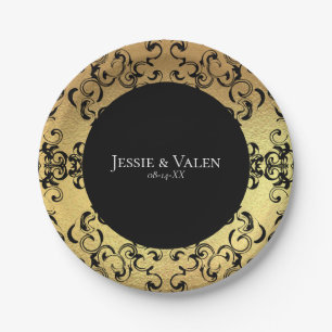 Gotische Hochzeit mit schwarzem Swirl Pappteller
