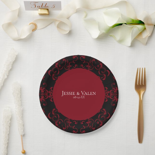 Gotische Hochzeit mit schwarzem Swirl Pappteller (Hochzeit)