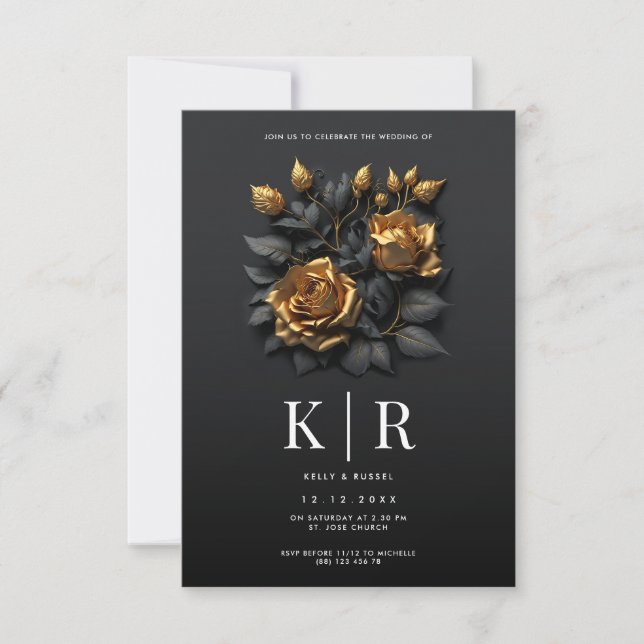 Gotische Hochzeit von Black Gold-Rose Einladung (Vorderseite)