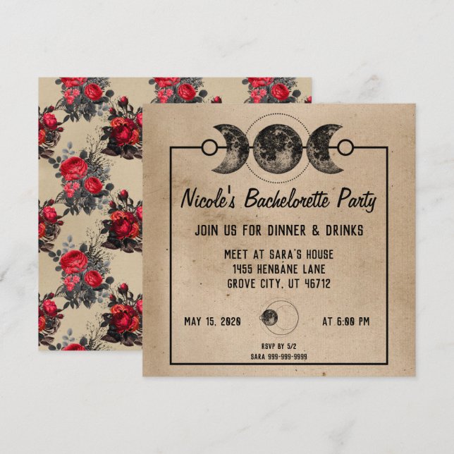 Gotische Hochzeiten Rote Rosen Bachelorette Einladung (Vorne/Hinten)