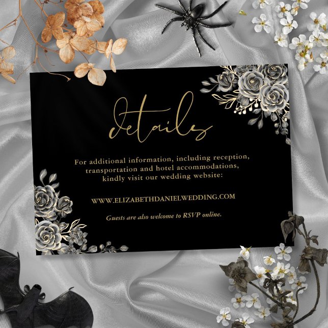 Gotische Hochzeitsdetails für Schwarz-Gold-Rose Begleitkarte (Black And Gold Floral Roses Gothic Wedding Details Enclosure Card)