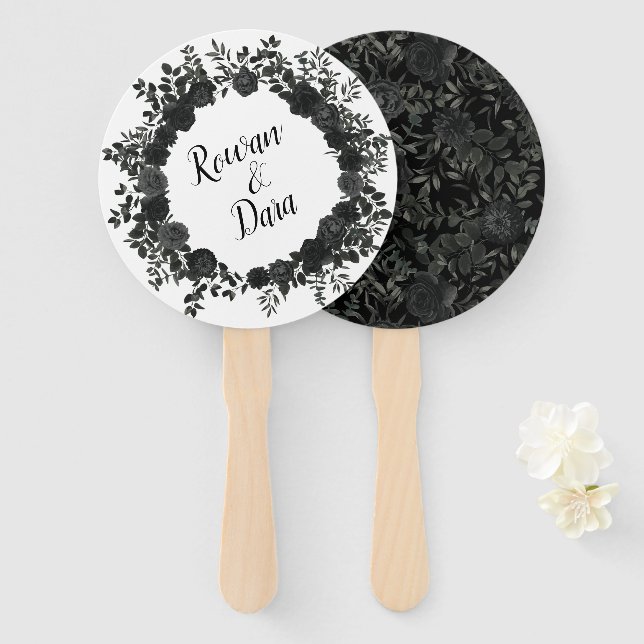 Gotische Hochzeitsfans aus Weiß und Schwarz-Rose Fächer (Vorne und Hinten)
