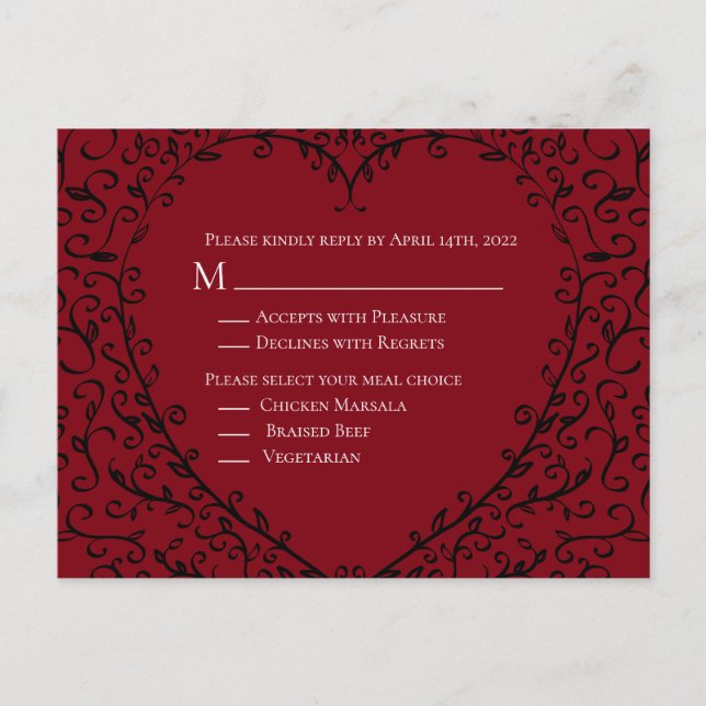 Gotische Hochzeitskarte für Rot und Schwarzes Herz Postkarte (Vorderseite)