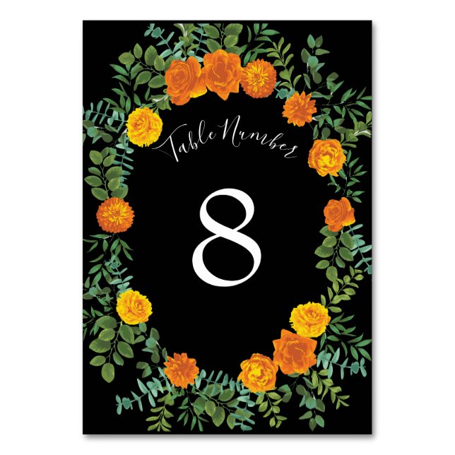Gotische Hochzeitskollektion aus Schwarz und Orang Tischnummer (Rückseite)