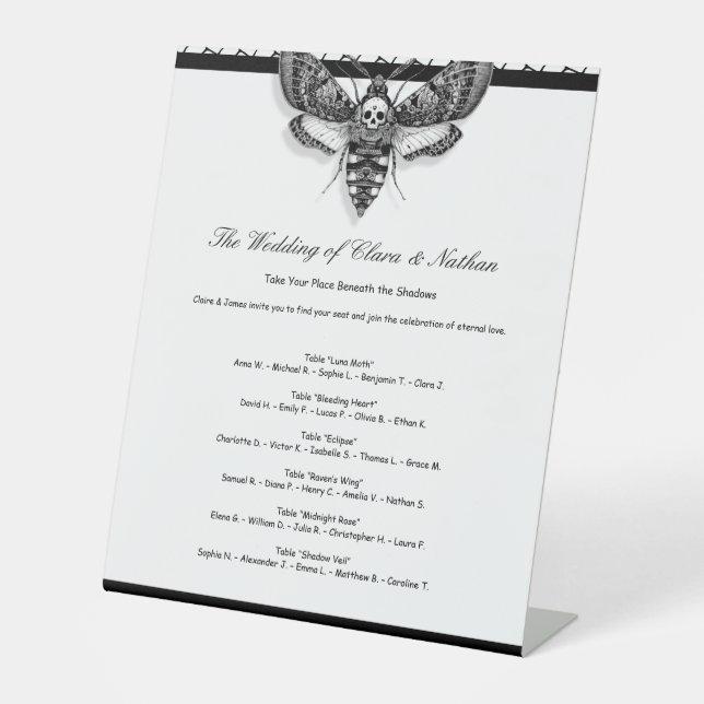 Gotische Hochzeitssitzkarten Elegantes Schwarz-wei Sockelschild (Vorderseite)