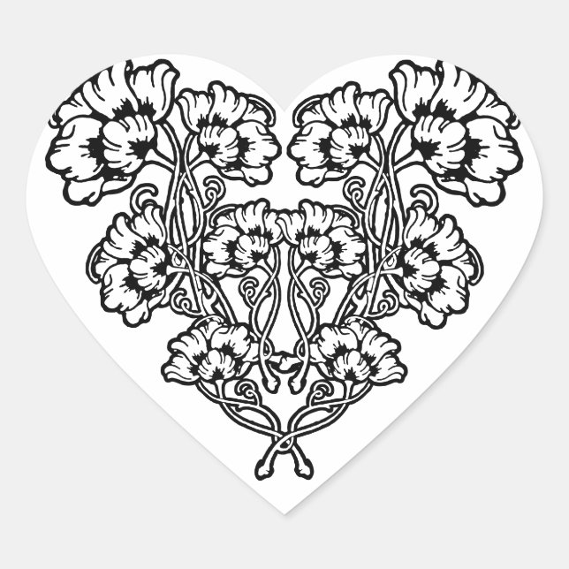Gotische Jugendstil-Blume Herzstück Herz-Aufkleber (Vorderseite)