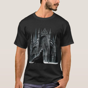 Gotische Kathedrale mit Türmen und vorbeiziehendem T-Shirt