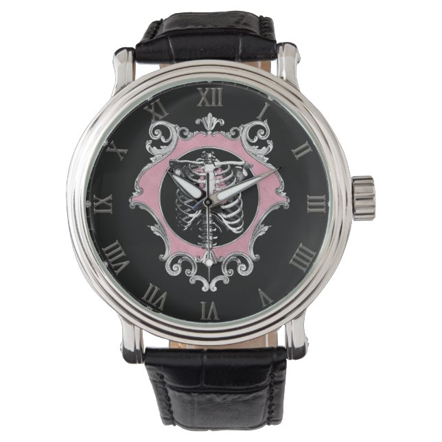 Gotische Liebe | Rosa und schwarze Skelette Herz B Armbanduhr (Vorderseite)