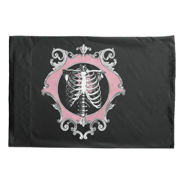 Gotische Liebe | Rosa und schwarze Skelette Herz B Kissenbezug (Rückseite)