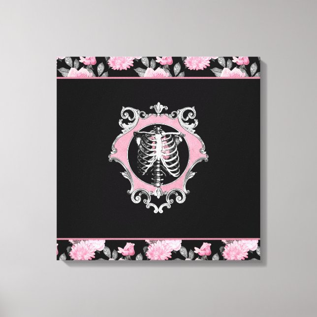 Gotische Liebe | Rosa und schwarze Skelette Herz B Leinwanddruck (Vorderseite)