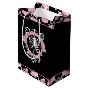 Gotische Liebe   Rosa und schwarze Skelette Herz B Mittlere Geschenktüte