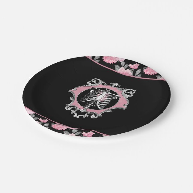 Gotische Liebe | Rosa und schwarze Skelette Herz B Pappteller (Schrägansicht)