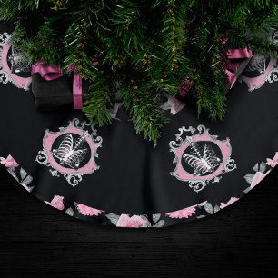 Gotische Liebe Rosa und schwarze Skelette Herz B Polyester Weihnachtsbaumdecke