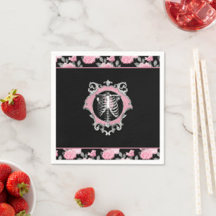 Gotische Liebe   Rosa und schwarze Skelette Herz B Serviette