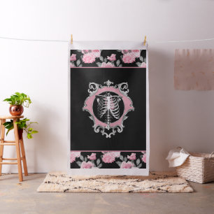 Gotische Liebe   Rosa und schwarze Skelette Herz B Stoff