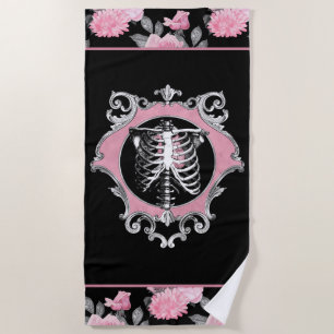 Gotische Liebe   Rosa und schwarze Skelette Herz B Strandtuch