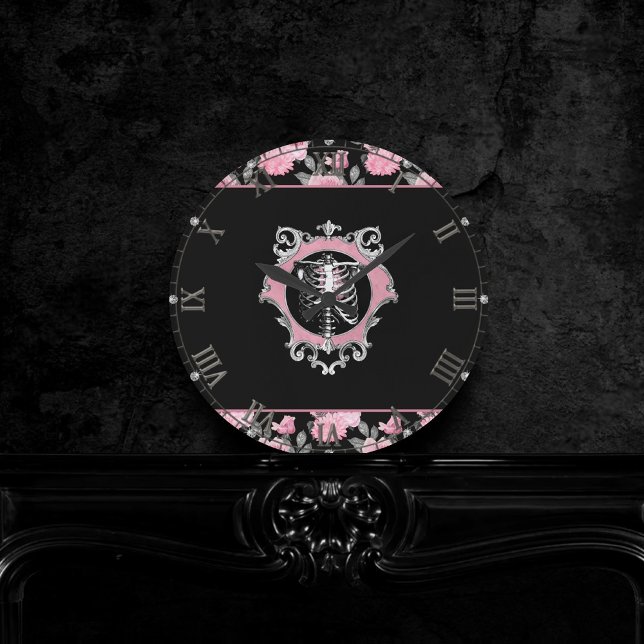 Gotische Liebe | Rosa und schwarze Skelettinnen He Runde Wanduhr (Von Creator hochgeladen)