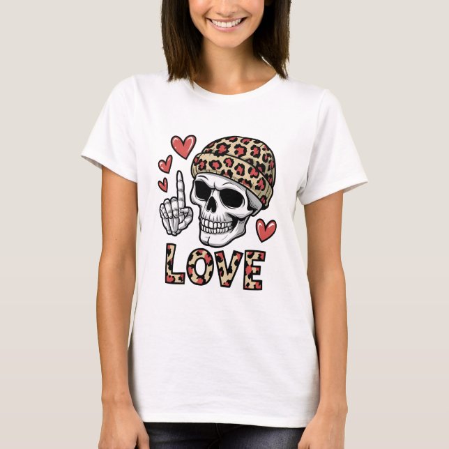 Gotische Liebe - Skull mit Leopard Print Beanie T-Shirt (Vorderseite)