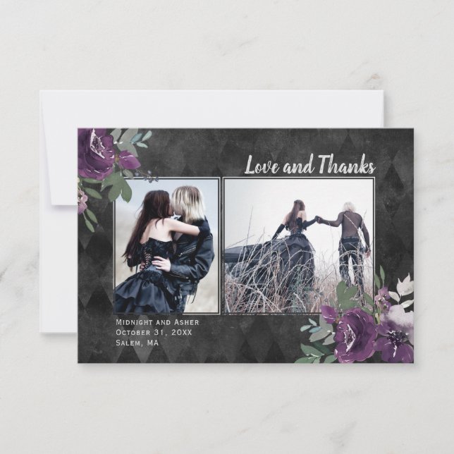 Gotische Liebe und Dank zwei Foto Hochzeit Dankeskarte (Vorderseite)