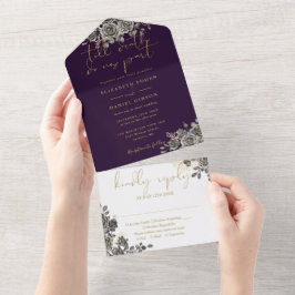 Gotische Lila und goldene Rose Blumenhochzeit All In One Einladung